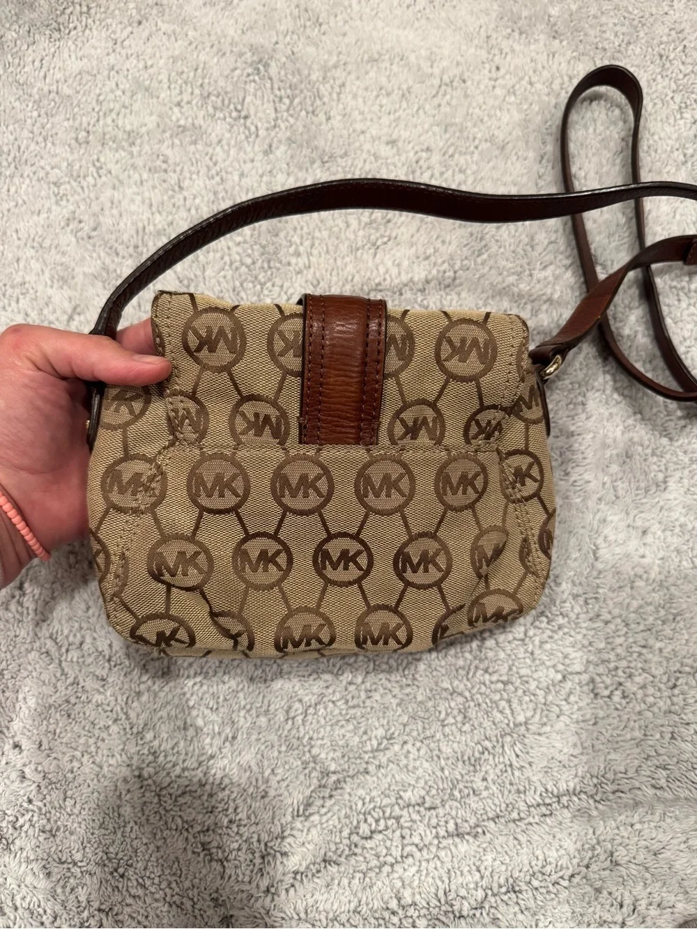 Michael Kors Beige and Brown Logo Crossbody with Gold Hardware
